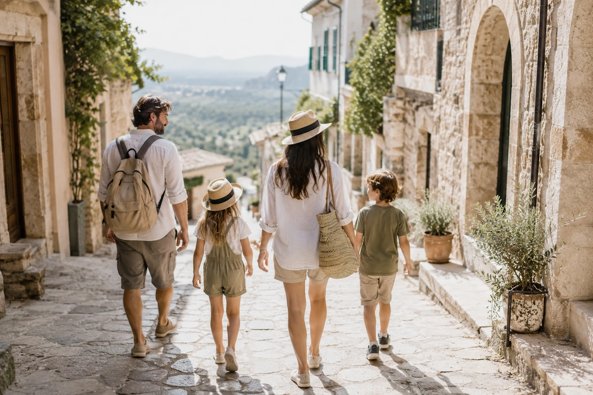 Famiglia con bambini in viaggio in un borgo autentico, immagine editoriale FoodTripGo per viaggi family su misura