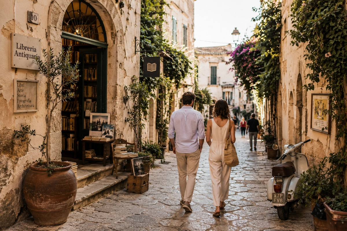 Esperienza urbana FoodTripGo in borgo autentico con libreria antiquaria, quartieri culturali, street life e identità locale