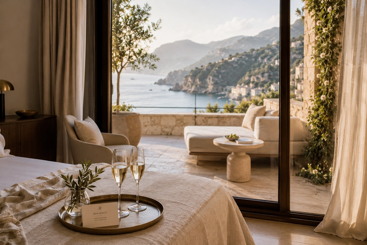 Boutique hotel vista mare per viaggio signature luxury FoodTripGo con camera elegante, calici, terrazza panoramica e dettagli premium
