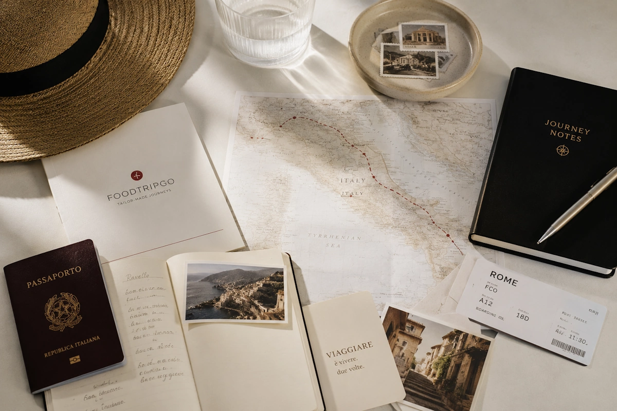 Materiale di viaggio personalizzato FoodTripGo con mappa dell'Italia, itinerario, passaporto, biglietto, appunti e dettagli di viaggio su misura